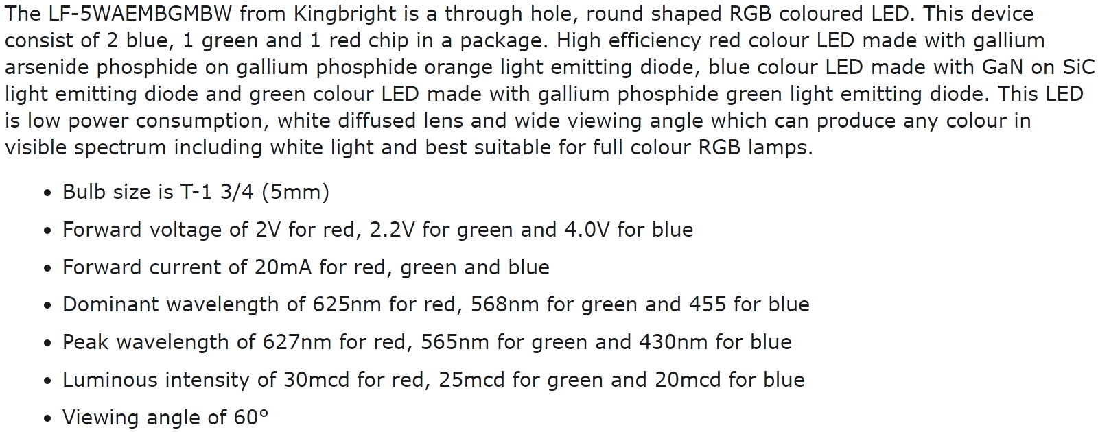 לד לאלקטרוניקה LED RGB THROUGH HOLE KINGBRIGHT LF-5WAEMBGMBW